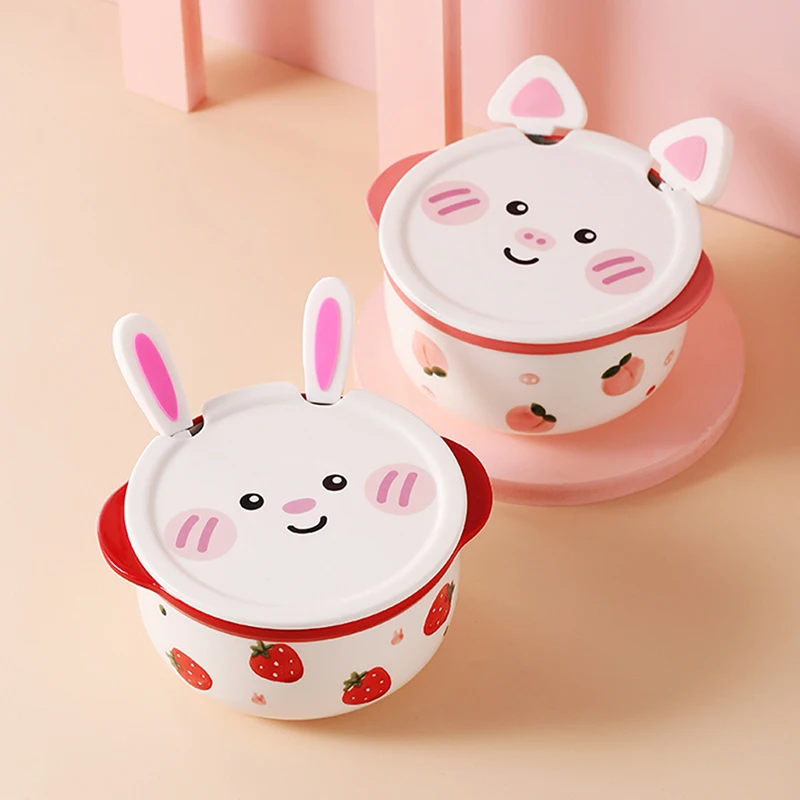 

Kawaii Peach Strawberry Ramen Bowl Set Cute Kitchen Salad Fruit Instant Noodle Ceramics Rice Bowl With Lid Spoon Fork Tableware