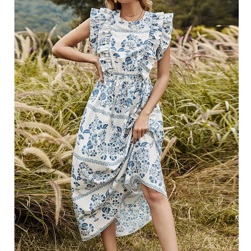 

Sexy Backless Ruffles Print Sleeveless Long Maxi Dress For Women Summer 2021 New Causal O-Neck High Waist A-line Fashion Dresses