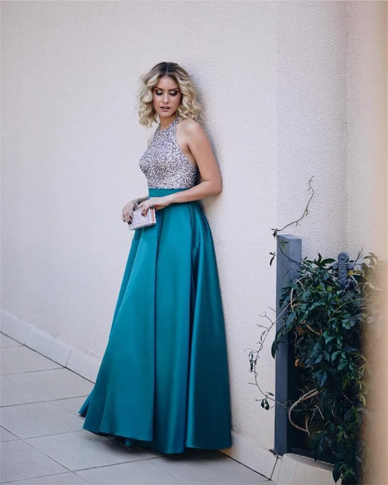 

Sparkly Beaded Sequins Evening Dresses Halter Neck Sexy Backless Formal Party Bride Gowns Long Floor Satin A Line Prom Dress