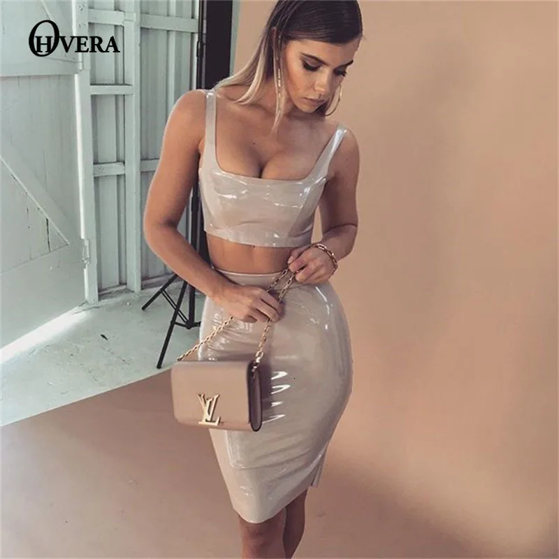 Ohvera/комплект из искусственной кожи из двух предметов: укороченный топ на бретельках и мини-юбка с разрезом, сексуальный женский комплект 2 шт., летняя одежда