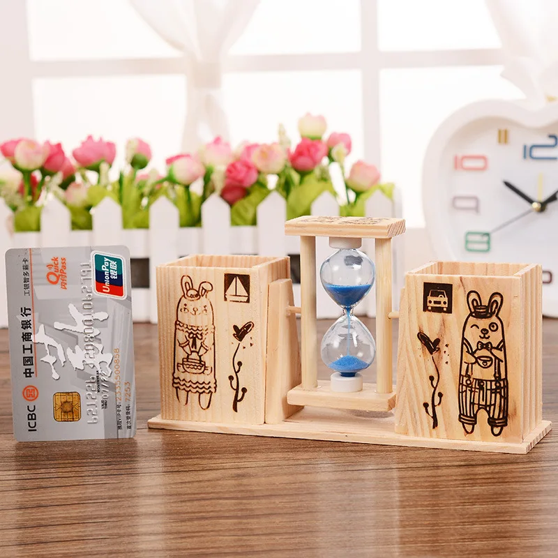 

Creative decoration hourglass double pen pen piece cartoon wood hourglass pen piece stationery pen insert
