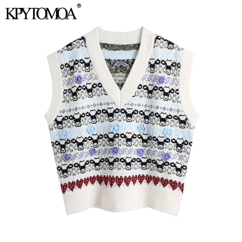 

KPYTOMOA женский 2021 Модный цветочный жаккардовый Свободный вязаный жилет свитер винтажный с V-образным вырезом без рукавов женский жилет шикар...