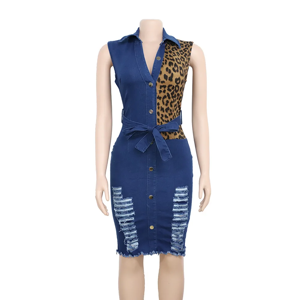 

Summer New Fashion Dresses V-neck High Stretch Leopard Pattern Stitching Wash Hole Denim Skirt African Women Dress