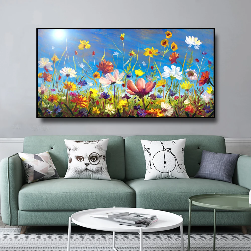 

Laeacco Flowers Field Scenery Canvas Painting Scandinavian Home Decor Wall Art Picture For Living Room Modern Home Decoration