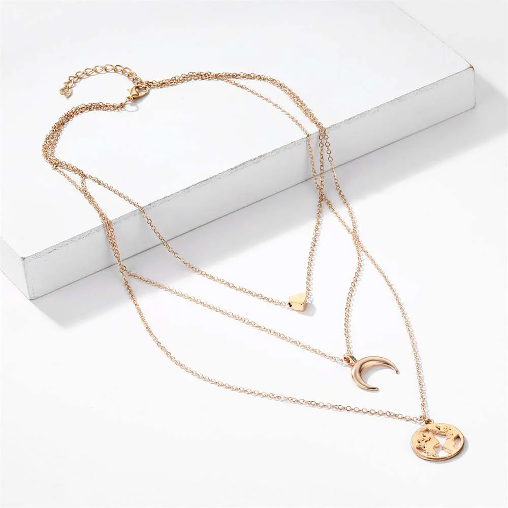 Heart Necklaces for Women Fashion Gold Chain Long Moon Map Statement Necklace Multilayer Pendant Bohemia Choker Jewelry | Украшения и