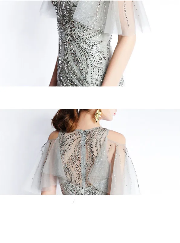 vestido de festa серые Выпускные платья длинное платье круглый вырез короткий рукав вечерние платья Женская официальная Хрустальная Русалочка платья для выпускного вечера