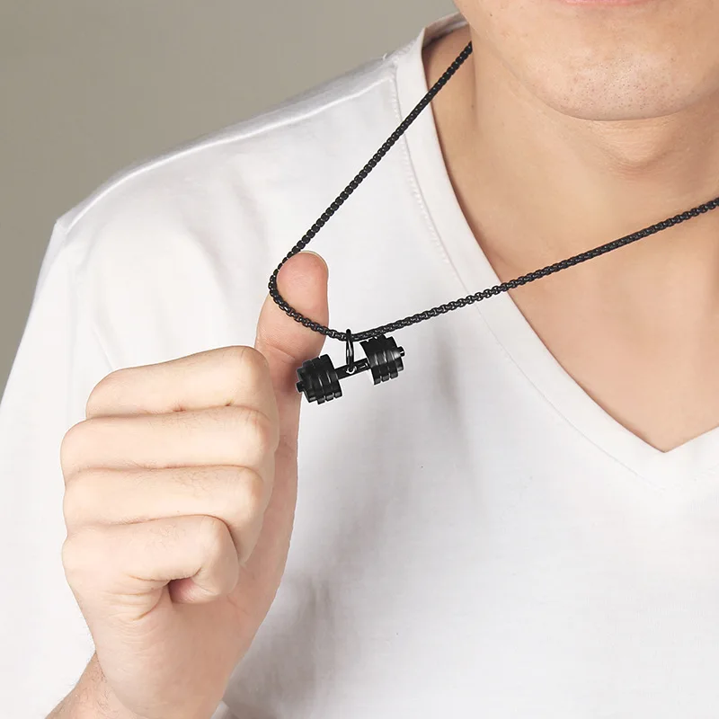 Men's Stainless Steel Dumbbell Necklace Gold Silver Pendant Long Chain Bodybuilding Hip Hop Jewelry image 2