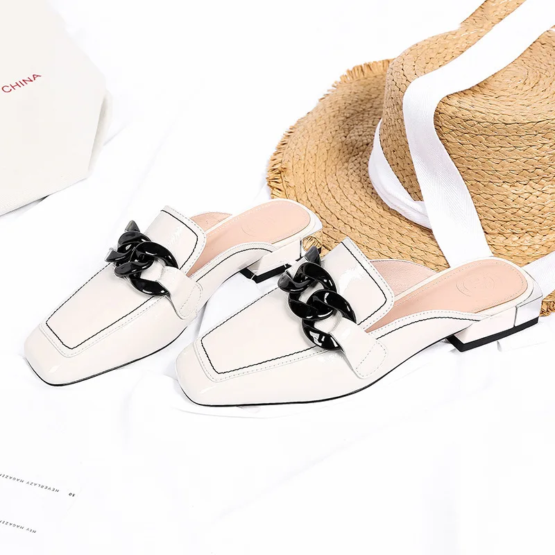

2019 summer new women's sandals square head metal low heel half slippers women's shoes