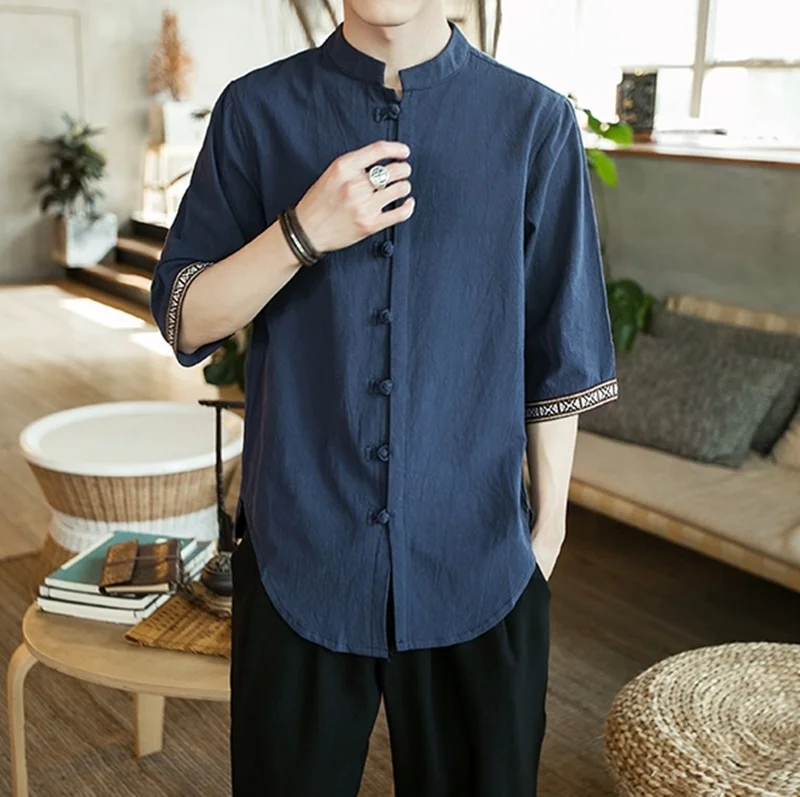 

Tang Suit Seven Minutes Sleeve Chinese Shirt Chinese Style Plate Buckle Large Size Linen Retro Spring Summer Linen Men's Loose