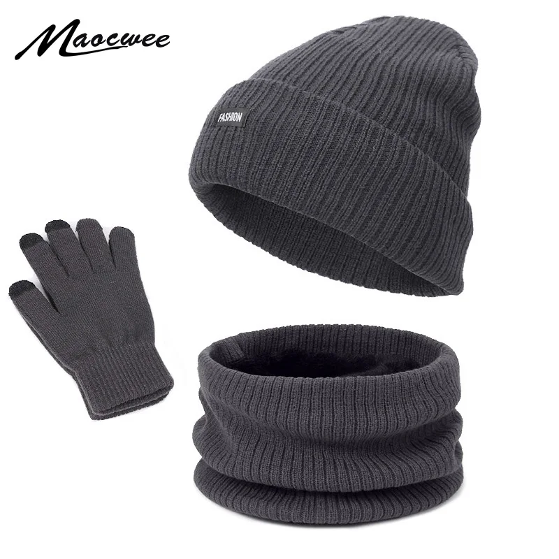 

Winter Skullies Beanie Hat Scarf Gloves 3Pcs Set For Men And Women Knitted Outdoor Windproof Warm Thick Beanies Cap With Lining