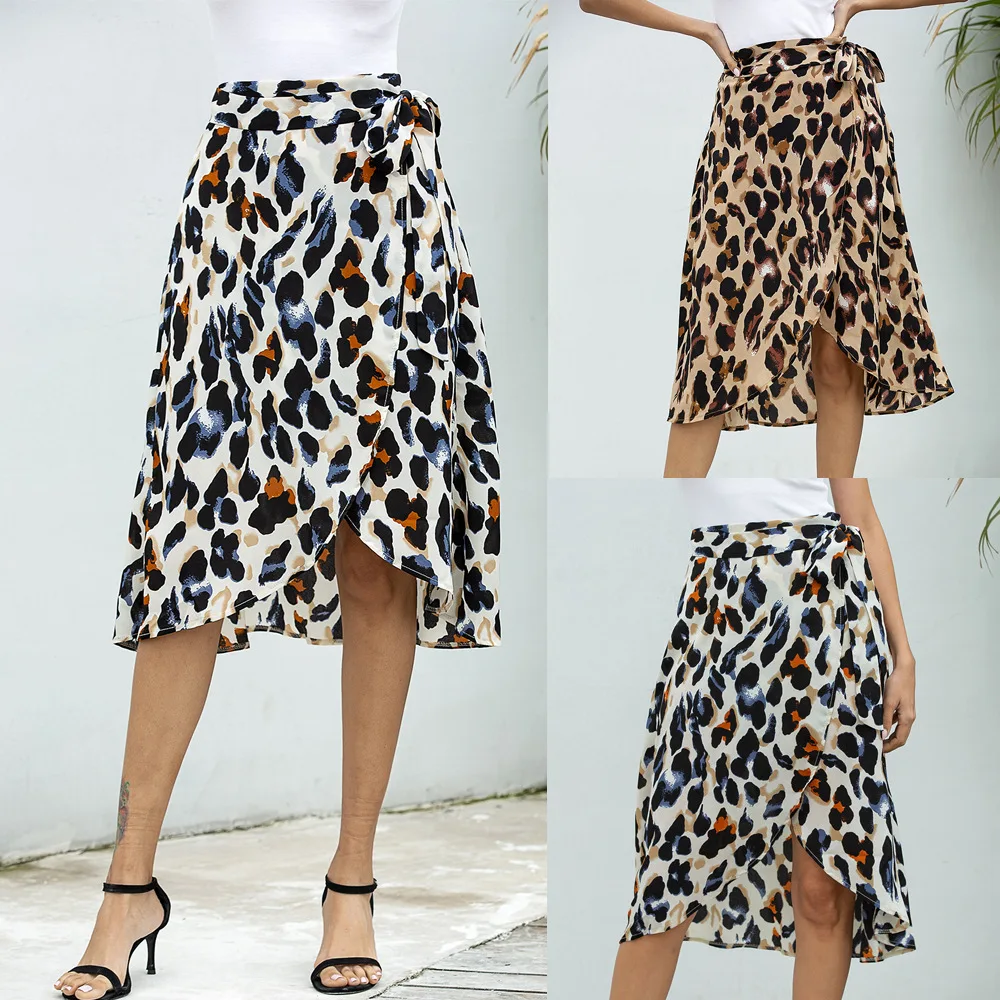

Women Summer Chiffon Skirt Leopard Print Streetwear Bandage Long Skirt