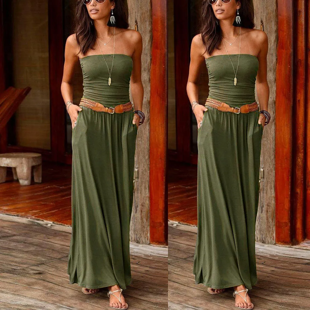 

Tube Top Dress Womens Bandeau Holiday Off Shoulder Long Dress Ladies Summer Solid Maxi Dress Sexy Satin Dress With One Shoulder
