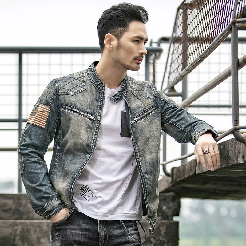 Мужская джинсовая куртка облегающая с американским флагом в стиле ретро A192 |