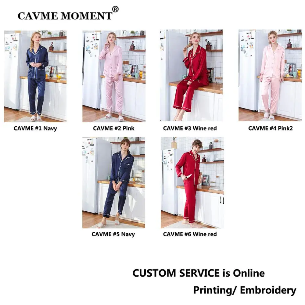 CAVME Satin Silk Pajama Sets for Lover Solid Color Women Pajama Full Sleeve Pants Soft Sleepwear Homewear PLUS SIZE