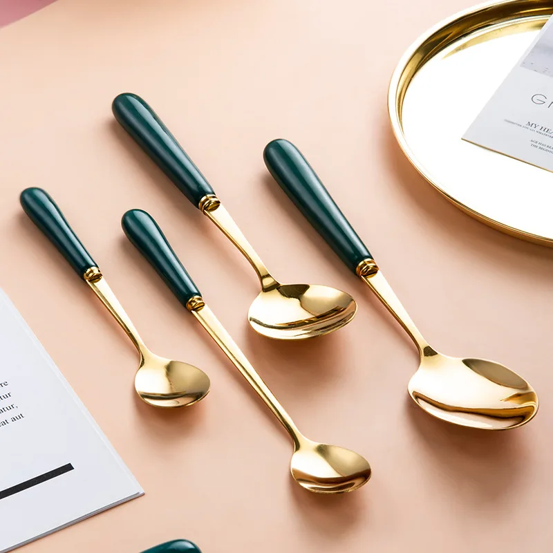 

Fashion Green Gold Cutlery Set Stainless Steel Dessert Fruit Tableware Mirror Dinner Knife Fork Dinning Home Ice Cream Scoop New
