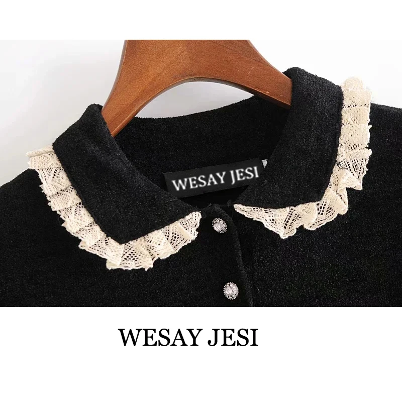 

WESAY JESI 2021 Women Sweet Lace Ruffles Black Chenille Mini Dress Femme Turn Down Collar Buttons Vestido Chic Party Clothing