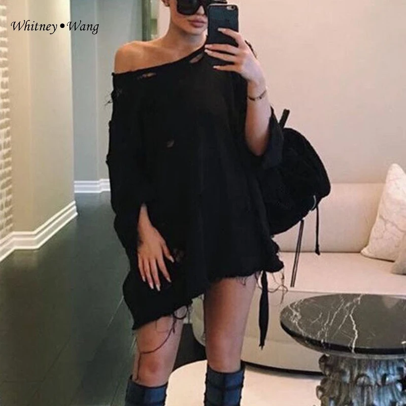 WHITNEY WANG 2019 Autumn Winter Fashion Streetwear Sexy One Shoulder Torn edges Holes Sweatshirt Women Hoodies Pullover | Женская одежда