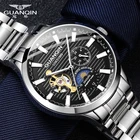 Часы GUANQIN мужские с автоподзаводом, Модные Роскошные водонепроницаемые из нержавеющей стали с лунным сердечником камеры, с турбийоном, 30 м