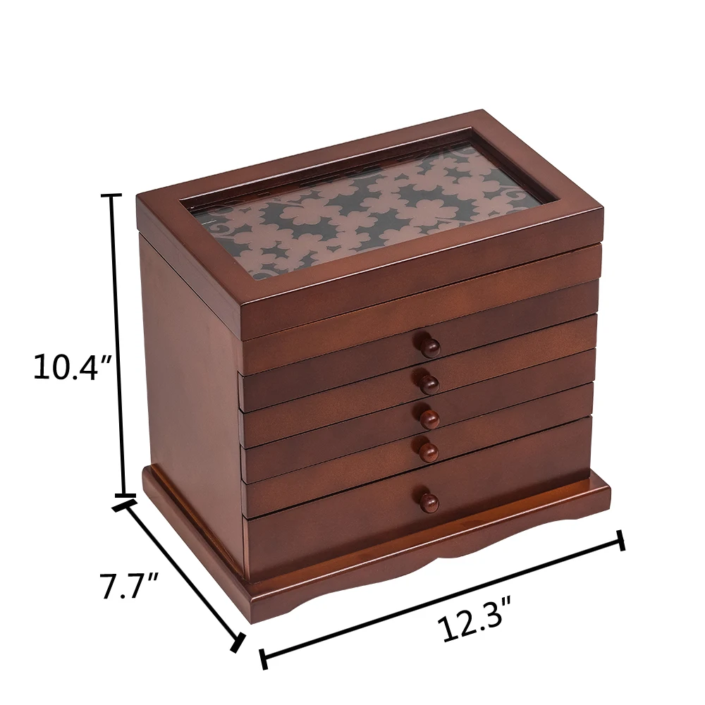 

Large Jewelry Organizer Wooden Storage Box 6 Layers Case with 5 Drawers, Brown