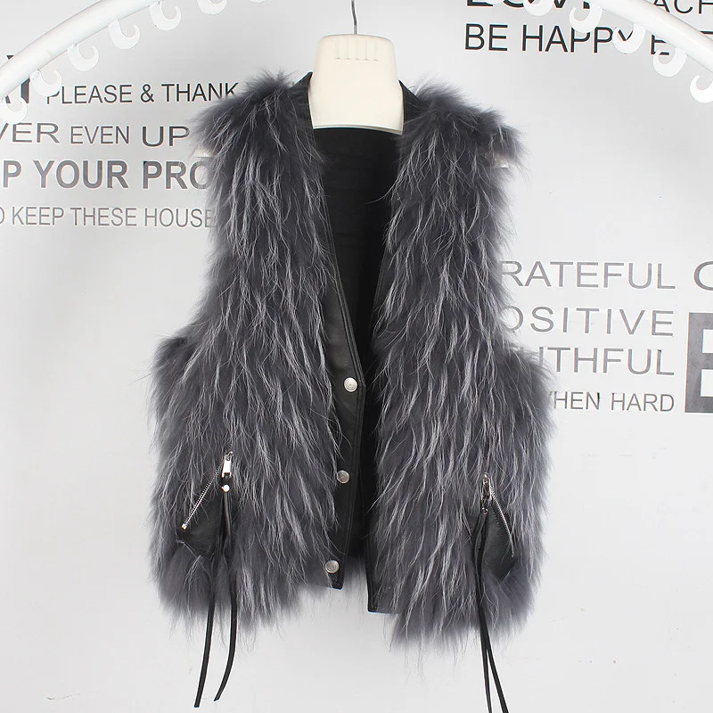 

Женский меховой жилет без рукавов, теплая зимняя безрукавка из натурального меха енота, 100%