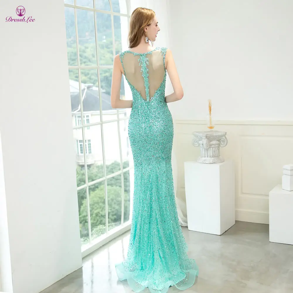 DressbLee New Ling Mint Green Mermaid Evening Dress Sparkly Full Crystal Long Evening Dress Charming Formal Party Gowns