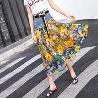 2021 ss new fashion women skirt floral chiffon splicing denim skirt high quality long skirt mujer faldas jupe free shipping