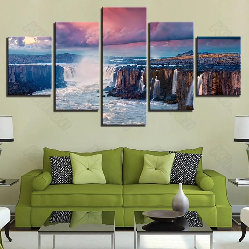 

Modern Landscape Style Murals Canvas Painting Bed Home Decoration Prints 5 Pieces Cliff Waterfall Sunset Living Room Wall Mural