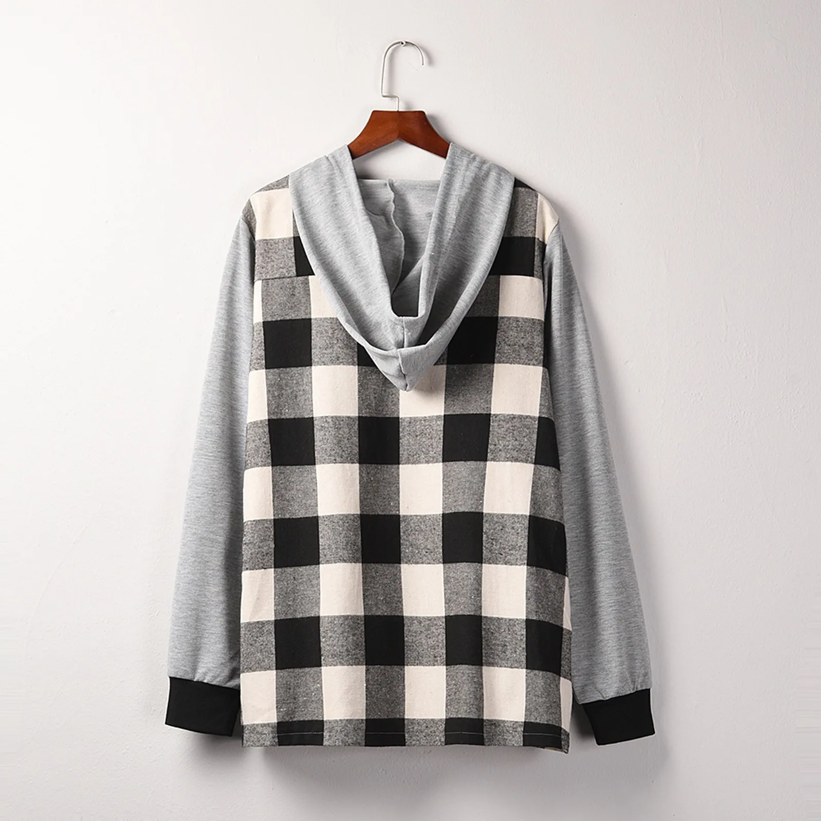 

Women Plaid Patchwork Pockets Cotton Loose Plus Size Vintage Autumn Winter Retro Hooded Coat Casual Tops Female Top Coats