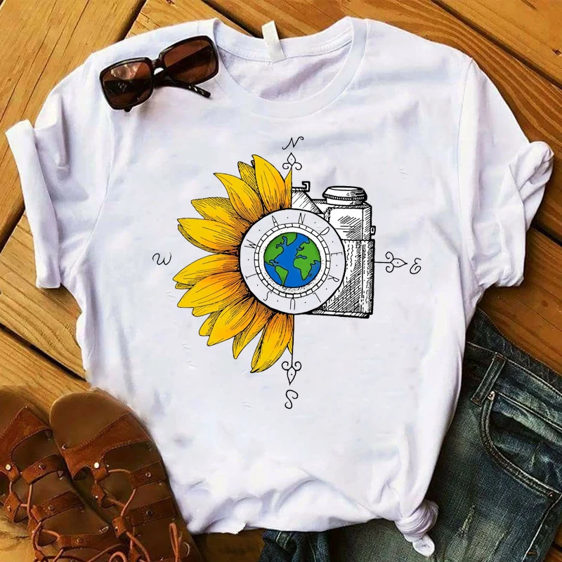

Women Lady T Shirt Sunflower Camera Printed Tshirt Ladies Short Sleeve Loose Tee Shirt Women Female Tops Clothes Graphic T-shirt