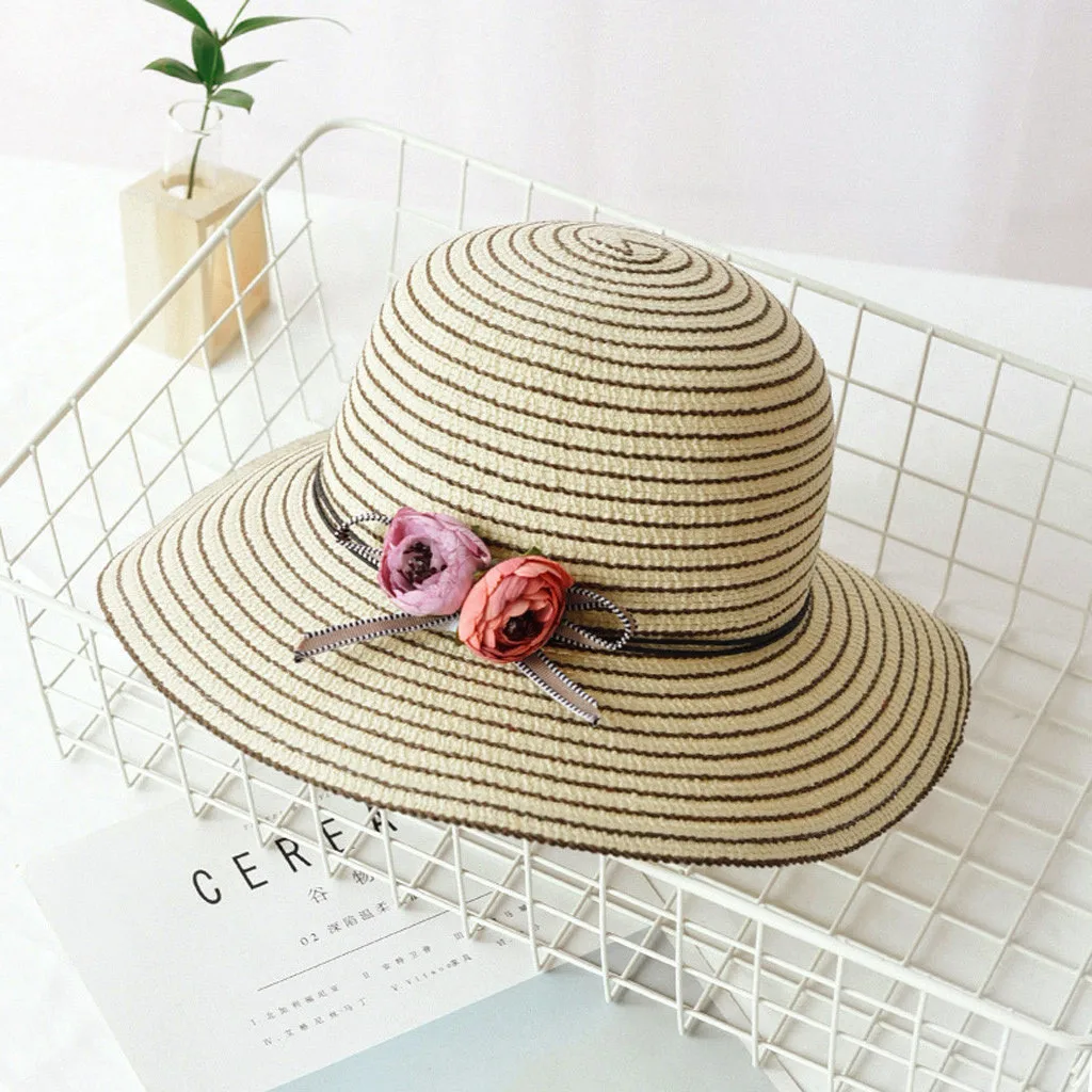 

Home&Nest Fashion WomenLadies Women Wide Brimmed Floppy Foldable Cotton Striped Summer Sun Beach Hat Casual Sun Hats New