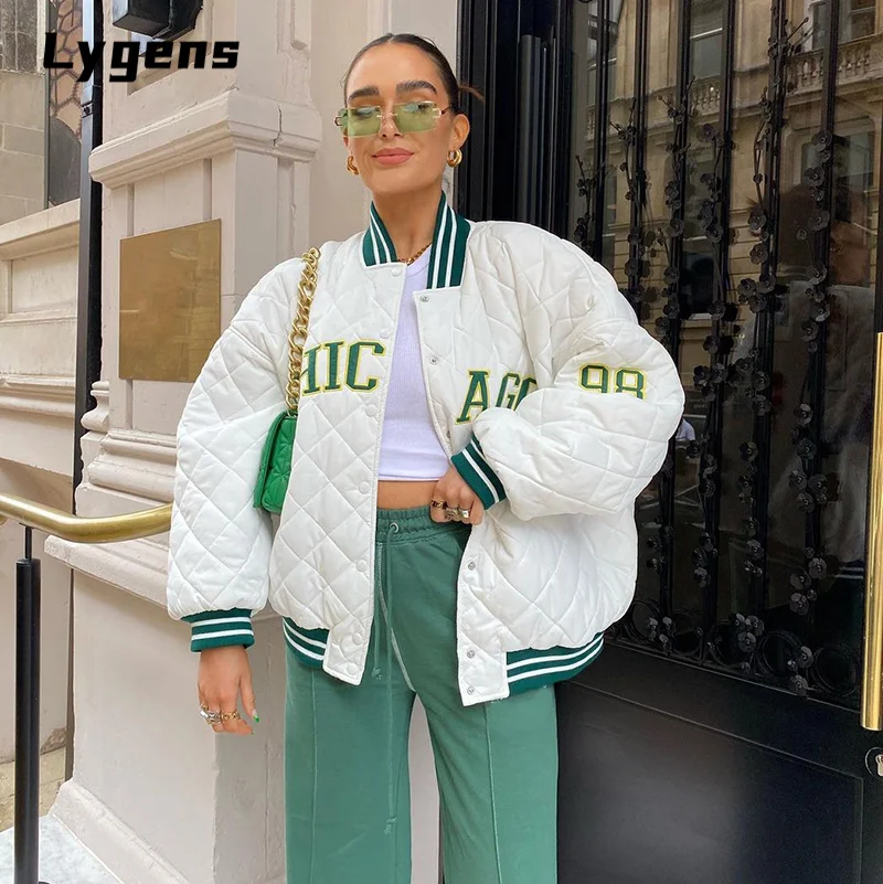 

Lygens 2021 Autumn Winter Women Letter Embroidery Baseball Cotton Padded Jacket Loose Oversized Casual Outerwear Coat Streetwear