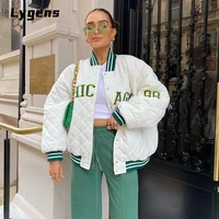 lygens 2021 autumn winter women letter embroidery baseball cotton padded jacket loose oversized casual outerwear coat streetwear