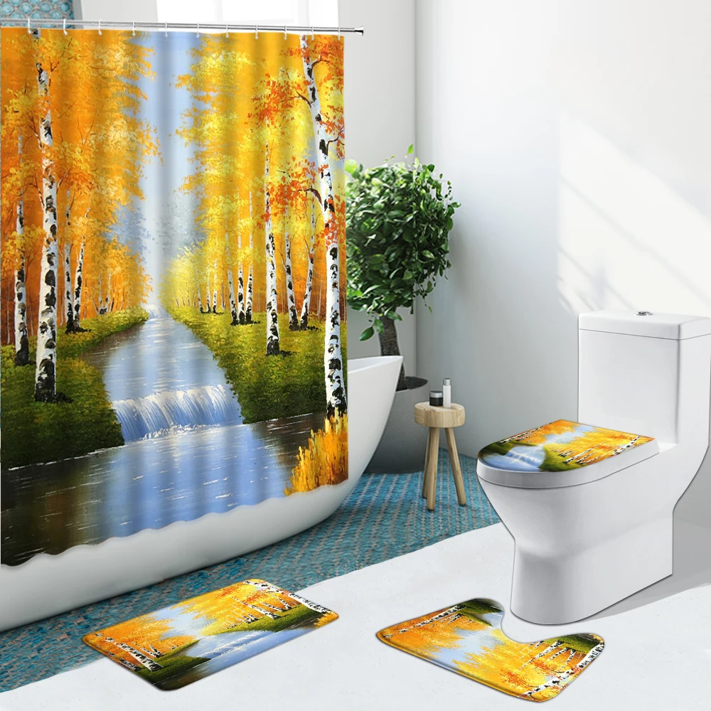 

Autumn Natural Scenery Shower Curtain River Forest Mountain Water Non-Slip Flannel Rug Toilet Cover Bathroom Set Bath Mat Decor