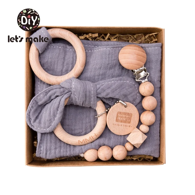 gray Детское Зубное кольцо от компании Let's Make; зубное кольцо из дерева Детское Зубное кольцо& детский слюнявчик, полотенце для слюней и соски с цепочкой для младенцев, комплект с заячьими ушками; без добавления бисфенола А новорожденного продукты - Цвет: gray