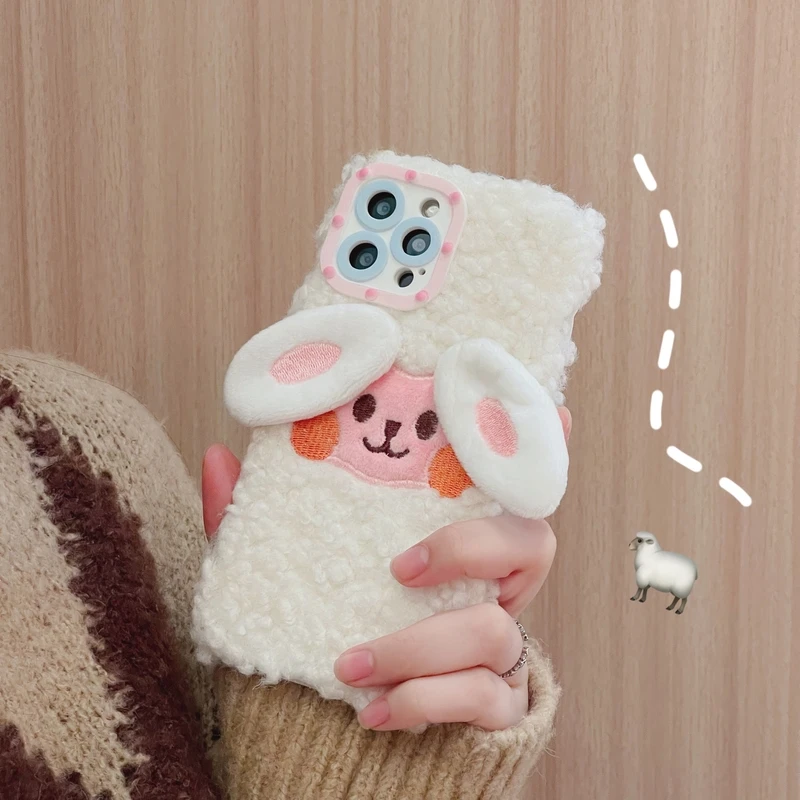 

Cute Cartoon Sheep Warm Lamb Plush Fabric Phone Case For iPhone 13 12 11 Pro Max X Xs Max Xr 7 8 Plus Case Fuzzy Soft Back Cover