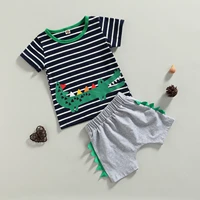 2pcs little boys outfit toddlers creative cartoon crocodile printing round collar short sleeve striped tops casual shorts