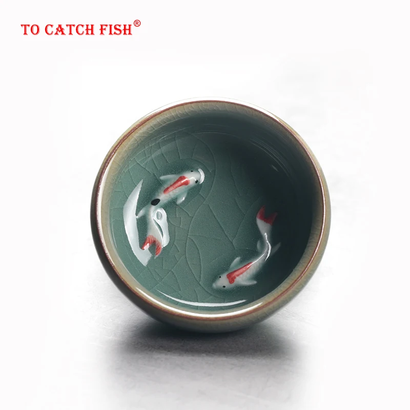 Китайский Longquan произведение искусства, фарфоровые чайные чашки, чайный горшок, чайная чашка, чаша, Золотая Рыба, 60 мл, китайский чайный набор, кракле, чайная чашка, 1 шт