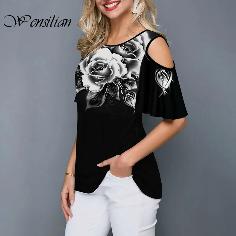 Женская футболка с коротким рукавом и цветочным принтом свободного покроя |