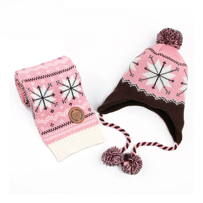 2019 new children's hat gloves scarf set winter warm boy girl snowflake baby pom ponytail Kids of 3 | Детская одежда и обувь