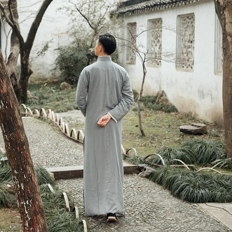 

Traditional Chinese clothing gray robe costume men cotton and linen gown Chinese performance costumes cross talk costume