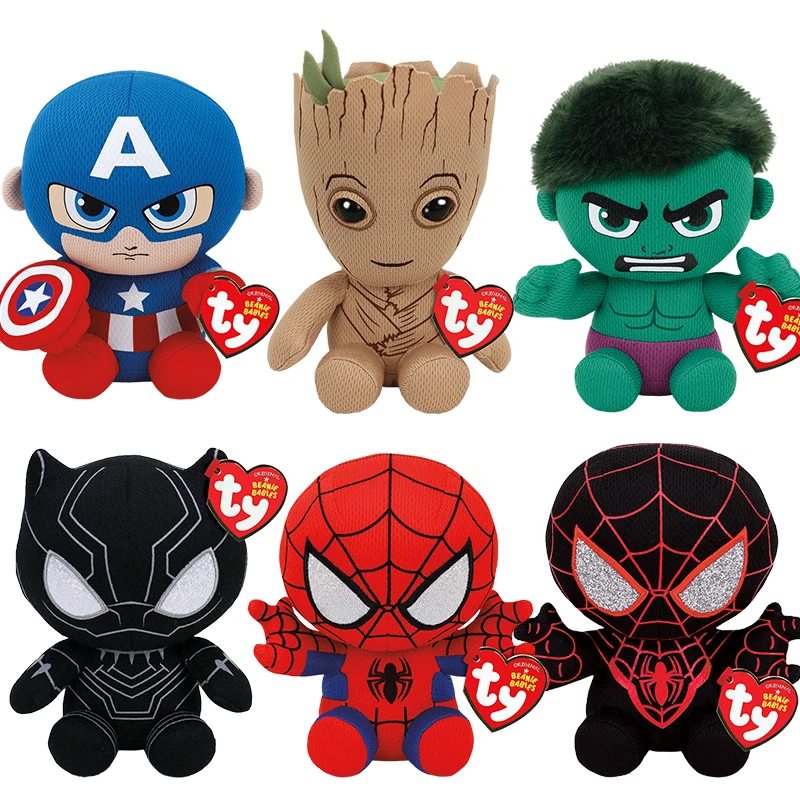 

15CM Ty Plush Toy Spider Man Captain America Iron Man Hulk Groot Panther Soft Doll kids toys Halloween Birthday Christmas Gift