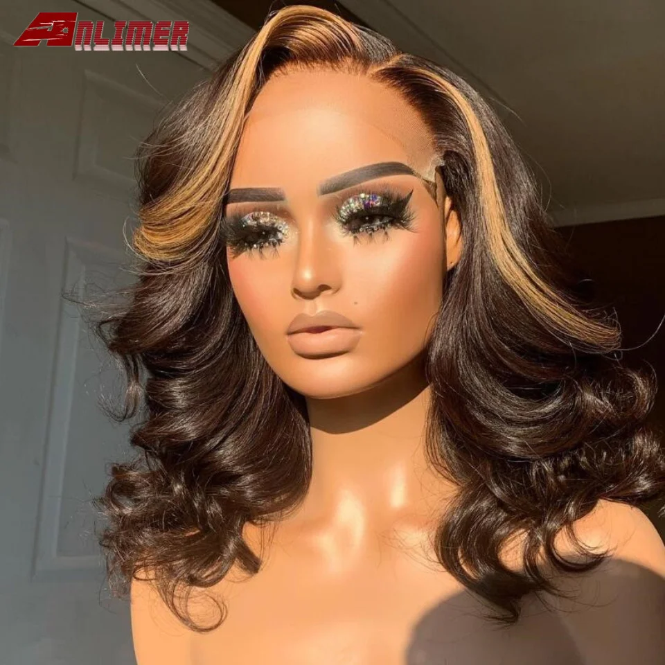 

Short Bob Pixie Cut Loose Wave 5x5 PU Silk Top Human Hair Closure Wig For Black Women Honey Blonde Highlight 13x4 Lace Front Wig