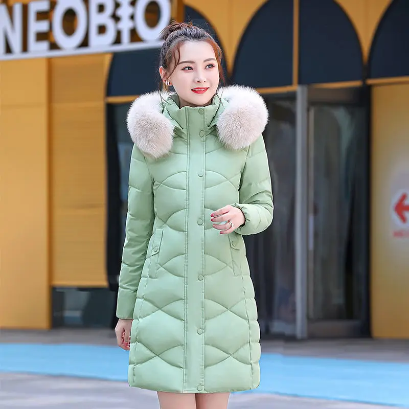 

2021 Winter New Cotton-padded Jacket Women Big Fur Collar Down Coat Mid-length Slim Thicked Warm Women Parkas Overcoat Y784