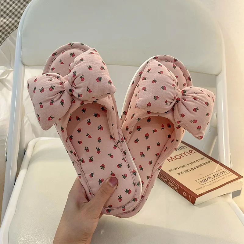 New Four Women's Summer Seasons Linen Slippers Female Home Cute Bow Indoor Non-Slip Home Mute Outdoor Flip Flops Casual Slippers