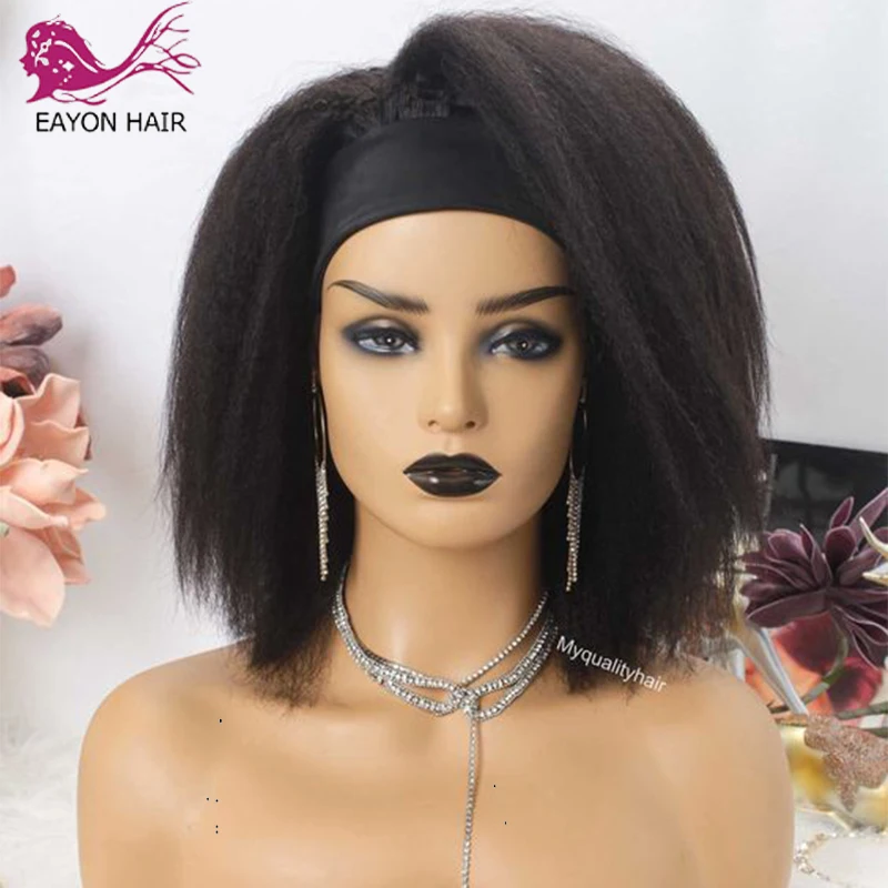 180% Density Kinky Straight Human Hair Wigs Glueless Headband Wig Brazilian Remy Human Hair Full Machine Made Wig Natural Color
