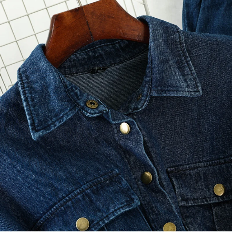 Gagarich Lady Denim Two Piece Set Vintage Lapel Button Sashes Tops Elastic Waist Straight Ankle Length Pants Spring Suits Chic |