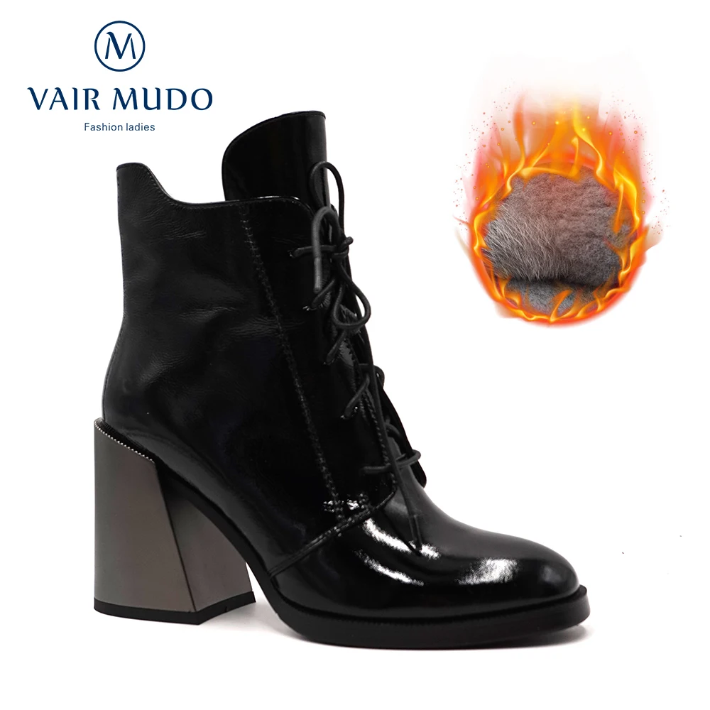 Online Vale MUDO Musim Dingin Sepatu Bot Tinggi Kualitas Tebal Sepatu Hak Hangat Boots Sepatu Wanita Elegan Kulit Asli Musim Gugur Musim Dingin Hitam DX35