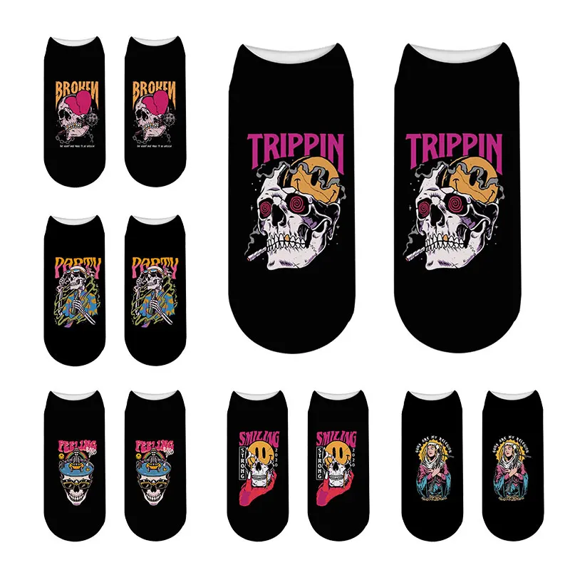

Носки женские хлопковые в стиле Харадзюку, стильные до щиколотки с изображением счастливого черепа, Хэллоуина, короткие носки со скелетом, ...