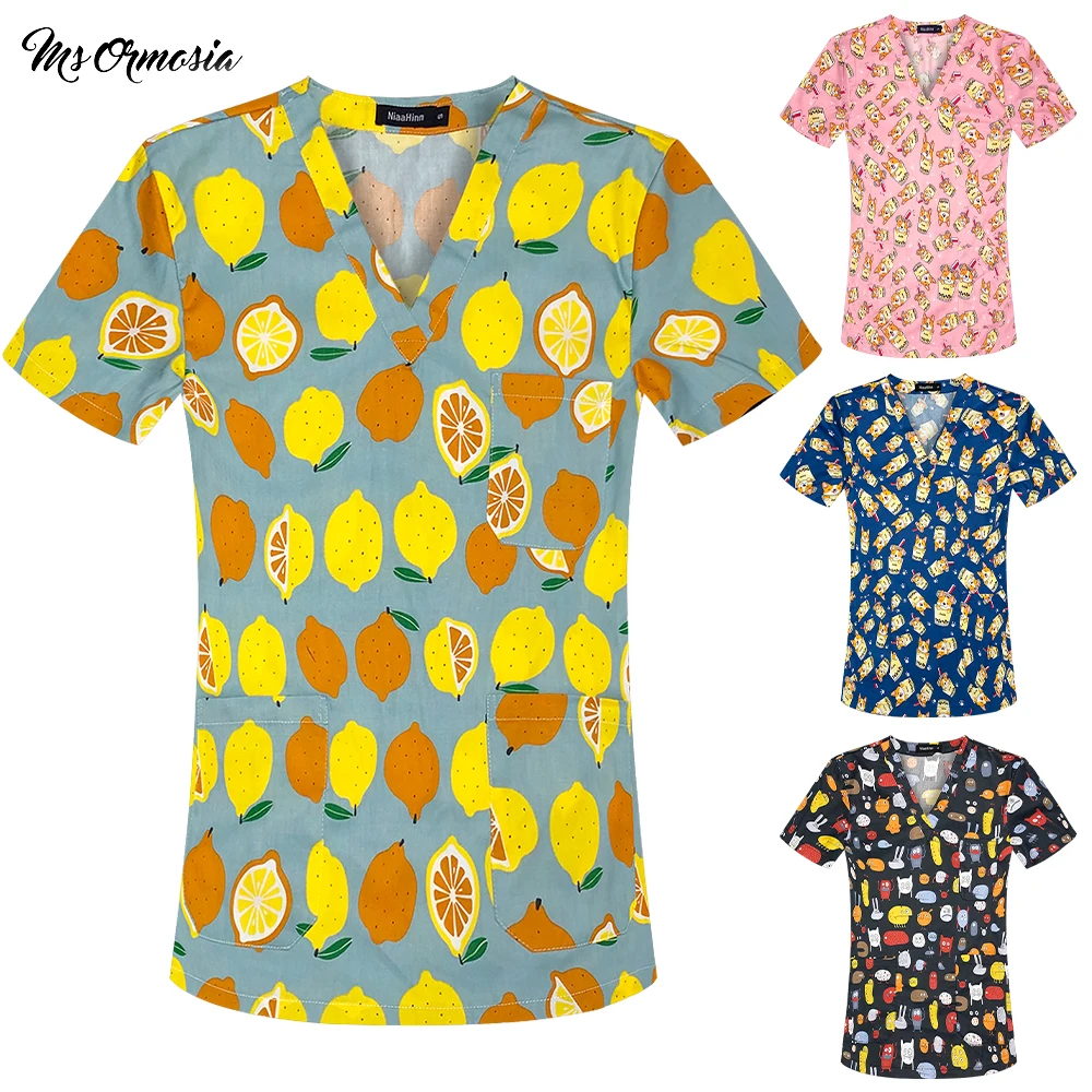 

Cartoon Print Surgical Uniforms Hospital Nurse Scrubs Tops Breathable Beauty Salon Dentistry Doctor Overalls Nurse Accessories