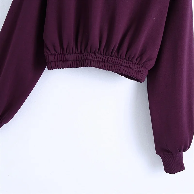 

TRAF Women 2021 Fashion Elastic Hem Cropped Hoodies Sweatshirts Vintage Hooded Long Sleeve Female Pullovers Streetwear